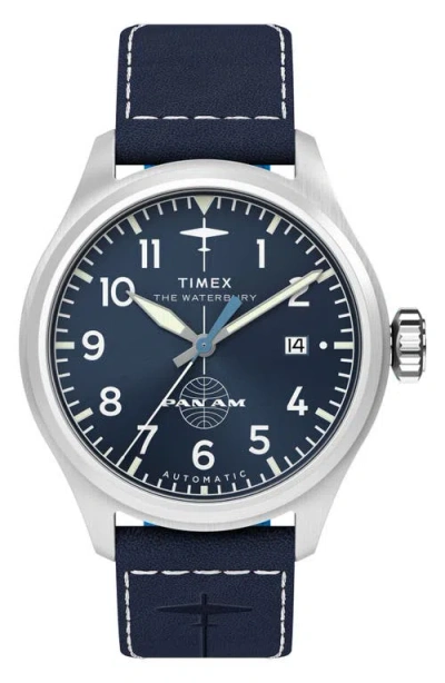 Timex ® X Pan Am® Waterbury Ace Automatic Leather Strap Watch, 41mm In Blue