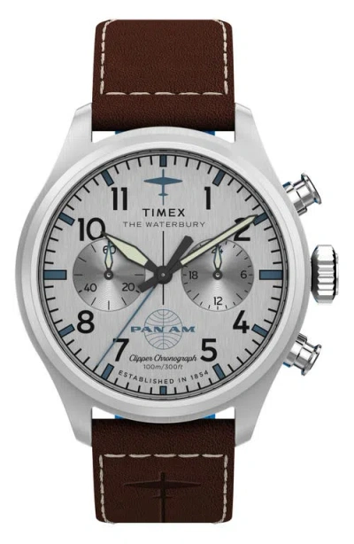 Timex ® X Pan Am® Waterbury Ace Chronograph Leather Strap Watch, 41mm In Brown