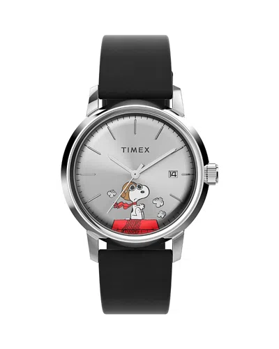 Timex X Peanuts Marlin Automatic Snoopy Flying Ace Leather Strap Watch, 40mm In Black