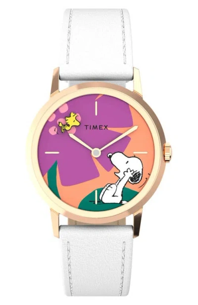 Timex ® X Peanuts Marlin® Snoopy Floral Leather Strap Watch, 34mm In White