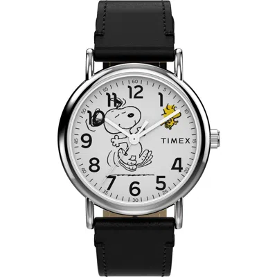 Timex ® X Peanuts Weekender 75th Anniversary Edition Leather Strap Watch, 38mm In Black