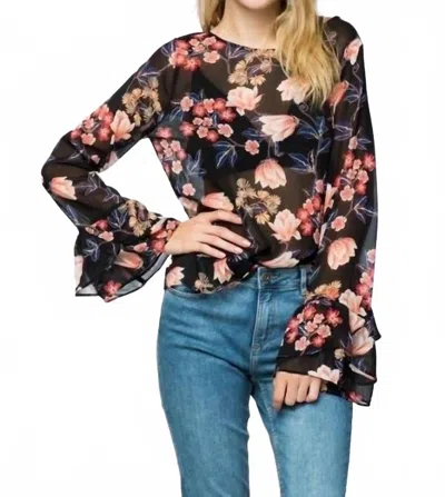 Timing Sheer Floral Ruffle Blouse In Black Multi