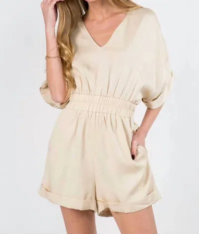 Timing V Neck Elastic Waist Romper In Ivory In Brown