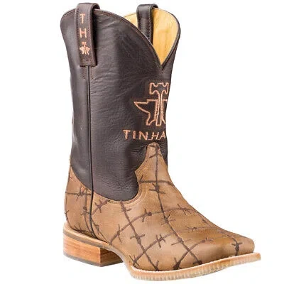 Pre-owned Tin Haul Bob Wire Square Toe Cowboy Mens Brown Casual Boots 14-020-0007-0081