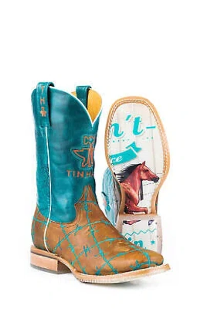 Pre-owned Tin Haul Boots Ladies Tan Leather Wild & Free Barbed Wire Cowboy In Brown