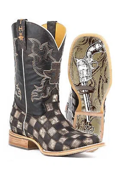 Pre-owned Tin Haul Boots Mens Brown Leather Gunslinger Gun Metal Check Cowboy