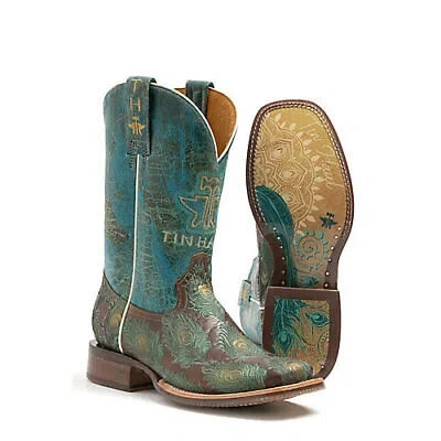 Pre-owned Tin Haul Boots  Ladies Feather Boots 10.5 B Turquoise In Blue