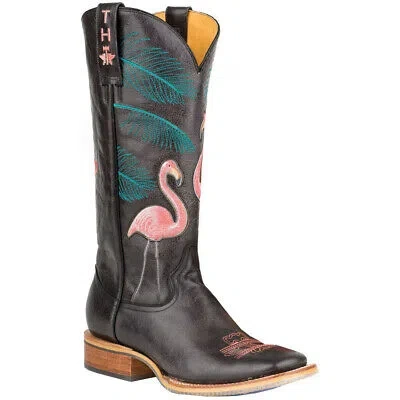 Pre-owned Tin Haul Flamingo Square Toe Cowboy Womens Black Casual Boots 14-021-0007-1214