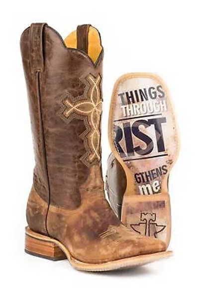 Pre-owned Tin Haul Ichthys Around Us Mens Brown Leather 4:13 Sole Cowboy Boots