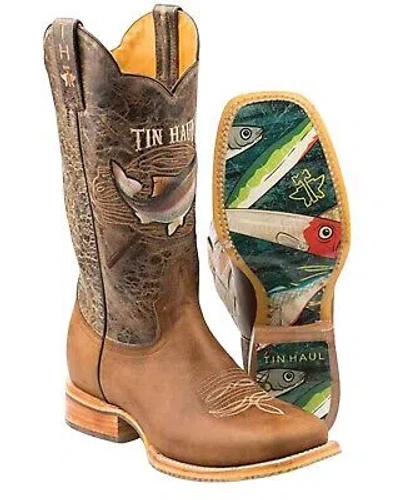 Pre-owned Tin Haul Men's Alpha Angler Western Boot Broad Square Toe - 14-020-0077-0404 Br In Brown