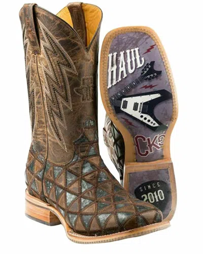 Pre-owned Tin Haul Men's Patchwork Vamp Western Boot - Square Toe - 14-020-0077-0383 Bl In Brown