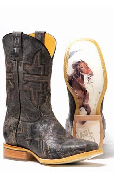 Pre-owned Tin Haul Mens Black Leather Latidudes Team Rodeo Cowboy Boots