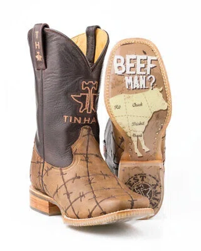 Pre-owned Tin Haul Mens Brown Leather Butcher Shop Bob Wire Cowboy Boots