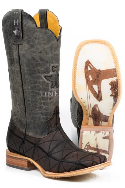 Pre-owned Tin Haul Mens Brown Leather Derrick Pumpin Sole Cowboy Boots