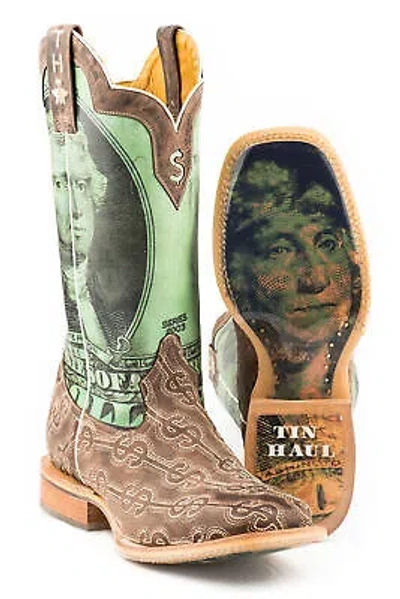 Pre-owned Tin Haul Mens Brown Leather Deuce Money Cowboy Boots