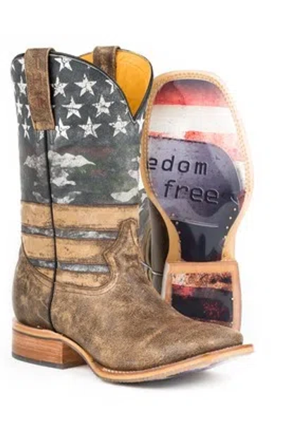 Pre-owned Tin Haul Mens Brown Leather Freedom Dog Tags Cowboy Boots