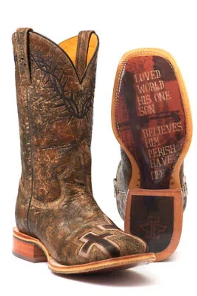 Pre-owned Tin Haul Mens Brown Leather John 316 Marbled Cowboy Boots