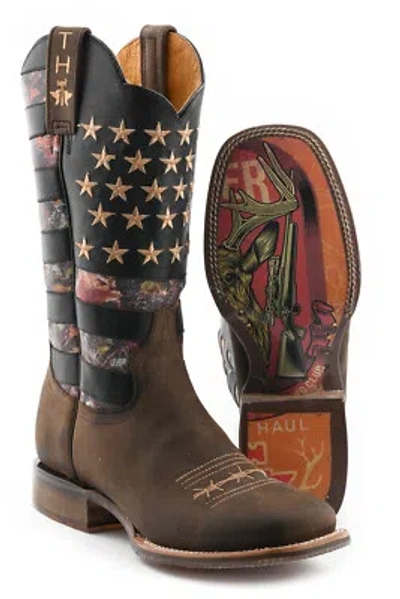 Pre-owned Tin Haul Mens Brown Leather Open Season Deer Hunter Cowboy Boots
