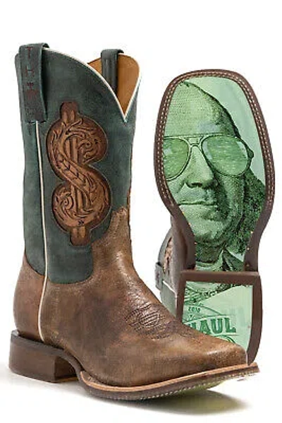 Pre-owned Tin Haul Mens Brown/green Leather Top Dollar Cool Benjamin Cowboy Boots