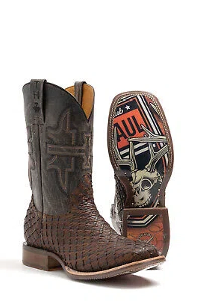 Pre-owned Tin Haul Mens Brown/grey Leather Son Of A Buck Cowboy Boots In Gray
