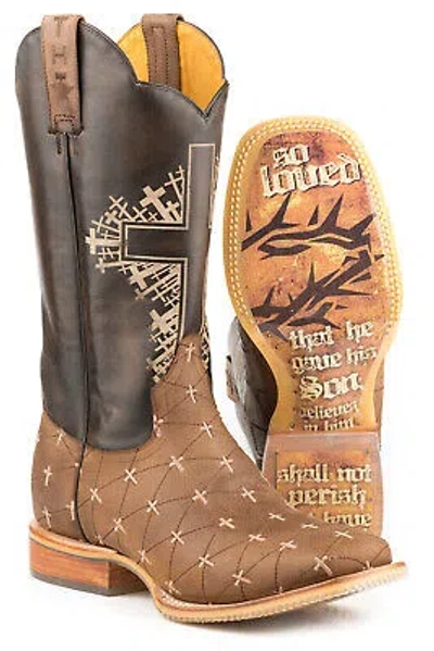 Pre-owned Tin Haul Mens Brown/tan Leather The Gospel John 316 Cowboy Boots