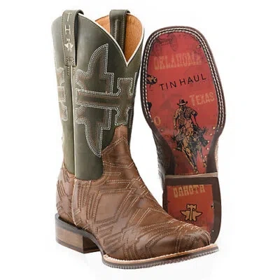 Pre-owned Tin Haul Mens Cowboy Sole Sq Toe Boots In Brown