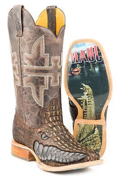 Pre-owned Tin Haul Mens Dark Brown Leather Swamp Chomp Cowboy Boots