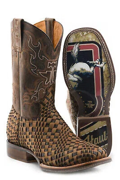 Pre-owned Tin Haul Mens Dream Weaver Tan Leather Cowboy Boots In Brown