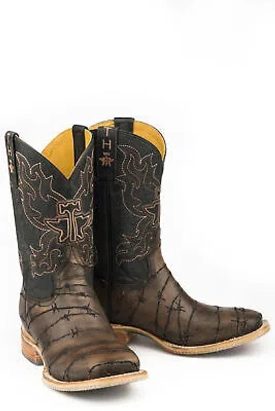 Pre-owned Tin Haul Mens Keep Out Longhorn Dark Brown/black Leather Cowboy Boots