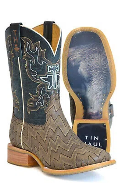 Pre-owned Tin Haul Mens Lightning Strikes Tan Leather Cowboy Boots In Brown