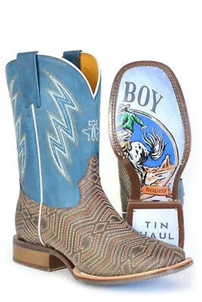 Pre-owned Tin Haul Mens Quantum Brown/blue Leather Cowboy Boots