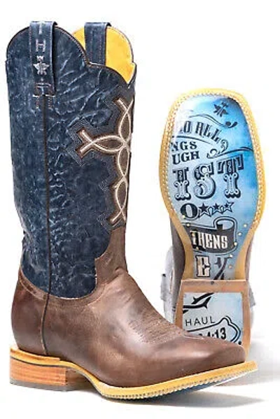 Pre-owned Tin Haul Mens Sanded Blue Leather Ichtusacross Cowboy Boots