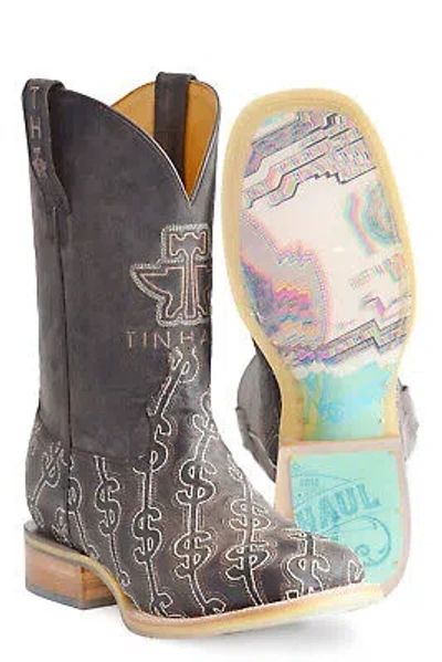 Pre-owned Tin Haul Mens Show Me The Money Black Leather Cowboy Boots