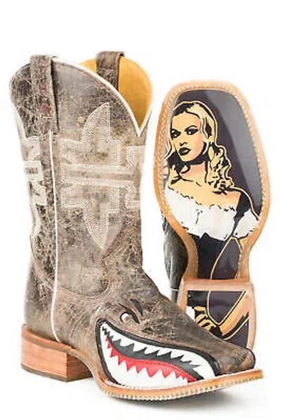 Pre-owned Tin Haul Mens Toastin' A Gnarly Shark Beer Girl Brown Western Cowboy Boots
