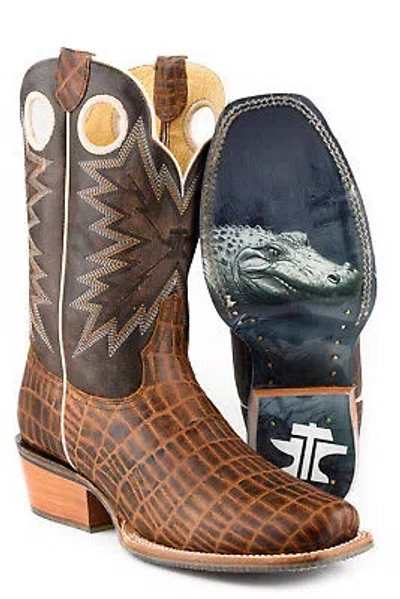 Pre-owned Tin Haul Mens Wild Croc Brown Leather Cowboy Boots