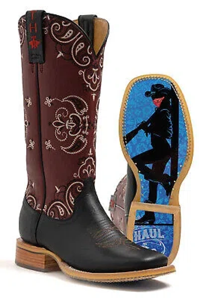 Pre-owned Tin Haul Womens Black/red Leather Bandida Bandana Cowboy Boots