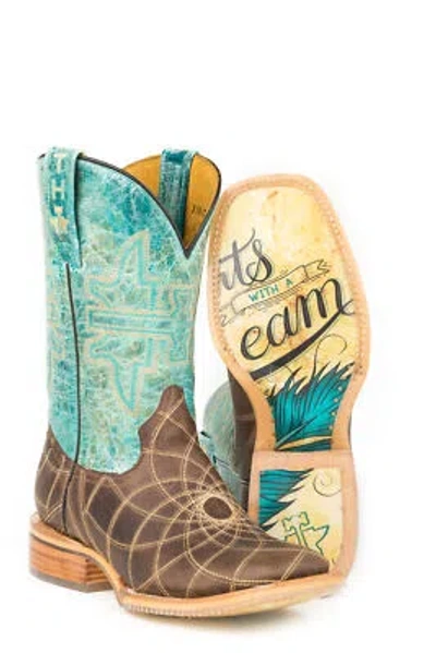 Pre-owned Tin Haul Womens Blue/brown Leather Dreamcatcher Cowboy Boots
