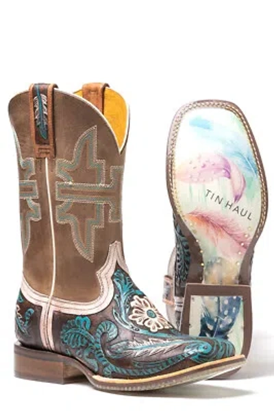 Pre-owned Tin Haul Womens Brown Leather Lone Flower Boho Feather Cowboy Boots