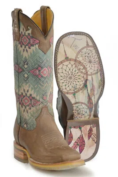 Pre-owned Tin Haul Womens Brown Leather Southwest Dreamer Cowboy Boots