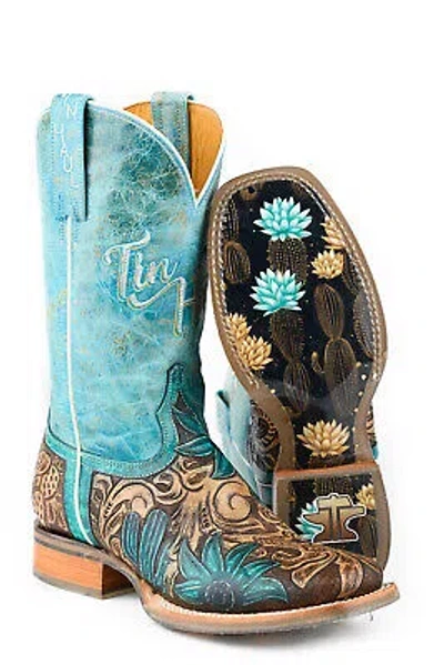 Pre-owned Tin Haul Womens Cactus Flower Brown/turquoise Leather Cowboy Boots