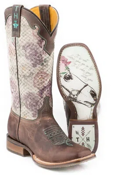 Pre-owned Tin Haul Womens Dark Brown Leather Rosealiscious Cowboy Boots