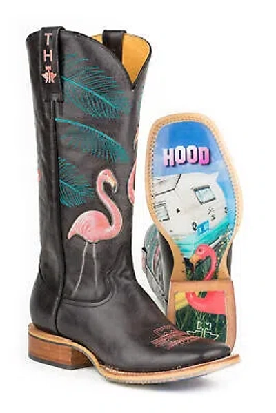 Pre-owned Tin Haul Womens Flamingo Trailerhood Black Leather Cowboy Boots