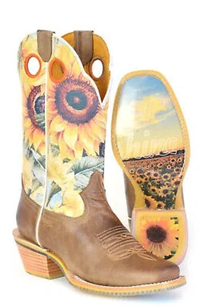 Pre-owned Tin Haul Womens Follow The Sun Tan Leather Cowboy Boots In Brown