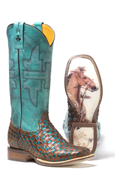 Pre-owned Tin Haul Womens Gitchu A Good One Blue Leather Cowboy Boots