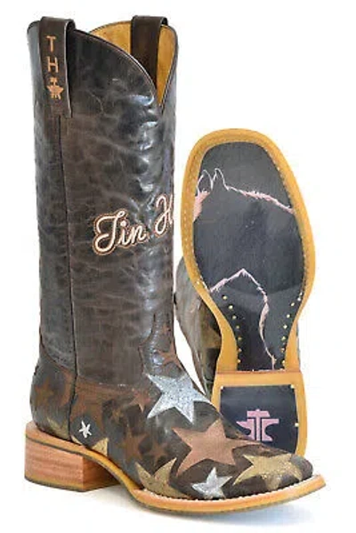 Pre-owned Tin Haul Womens Hollywood Stars Brown Leather Cowboy Boots