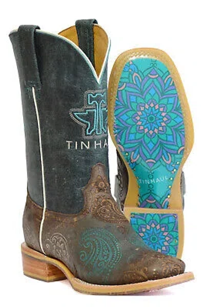 Pre-owned Tin Haul Womens Paisley Breeze Brown Leather Cowboy Boots