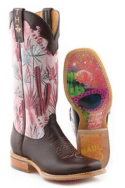 Pre-owned Tin Haul Womens Pinktalicious Brown Leather Cowboy Boots