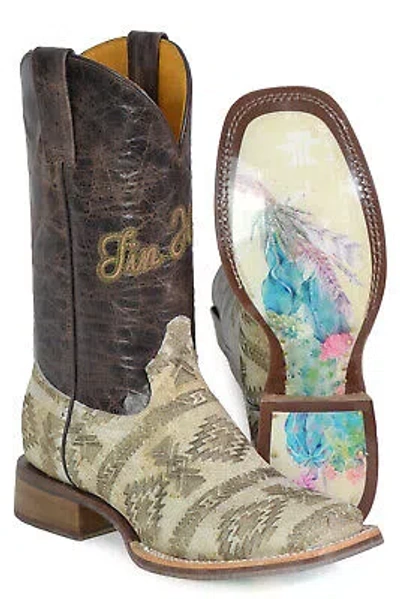Pre-owned Tin Haul Womens Sign Of The Sun Brown Leather Cowboy Boots