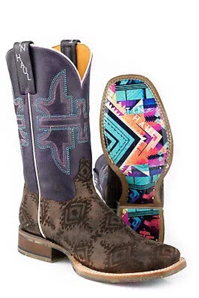 Pre-owned Tin Haul Womens Sizzling Aztec Purple Leather Cowboy Boots