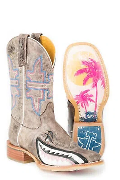 Pre-owned Tin Haul Womens Tan Leather Man Eater Shark Cowboy Boots In Brown